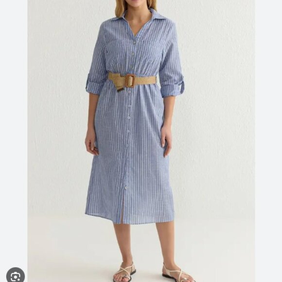 Blue and White stripe shirt dress midi with tan belt size medium 6-8 - Picture 2 of 13